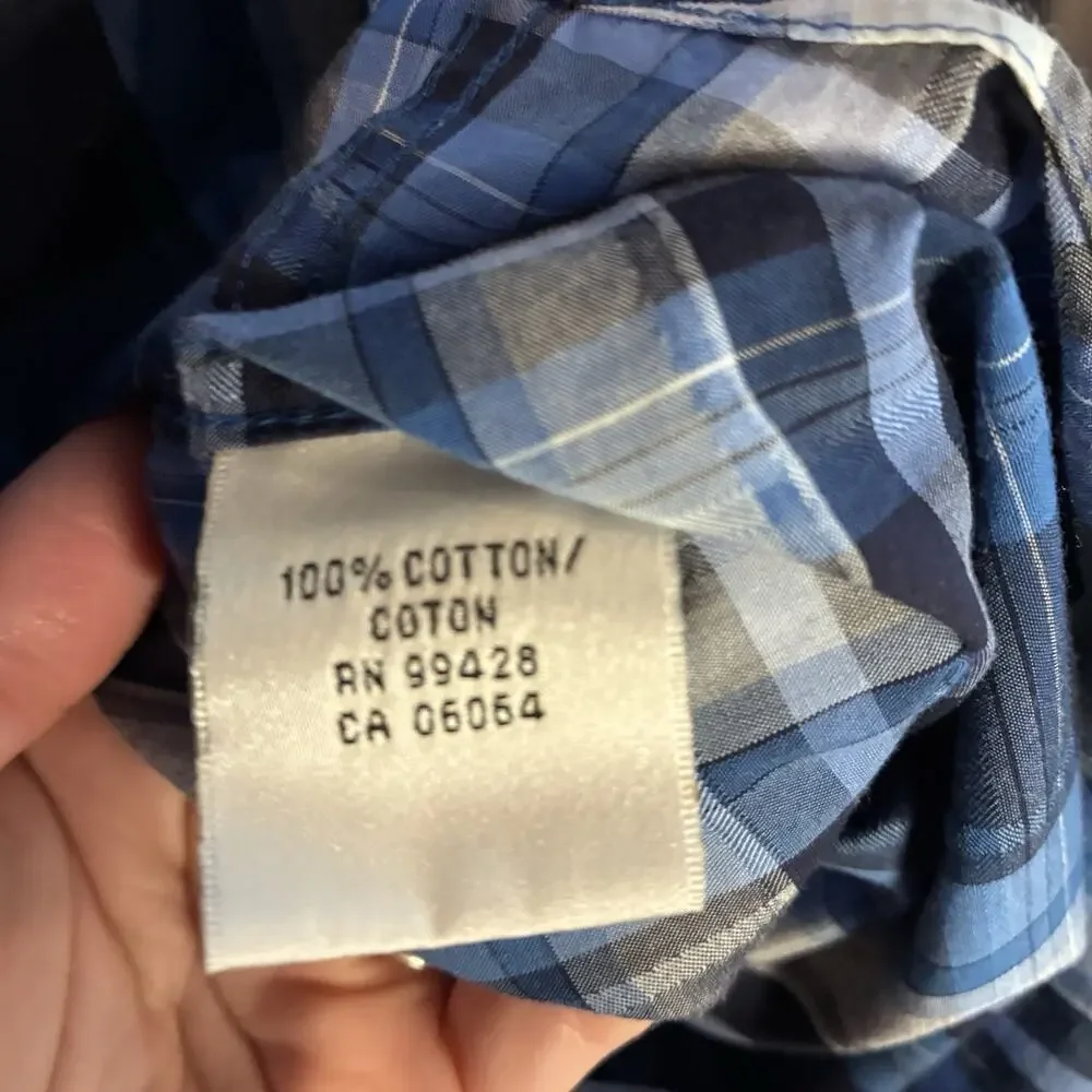 💰Bugatchi Uomo Mens Plaid Classic Fit Button Down Shirt Size L Navy Blue Cotton